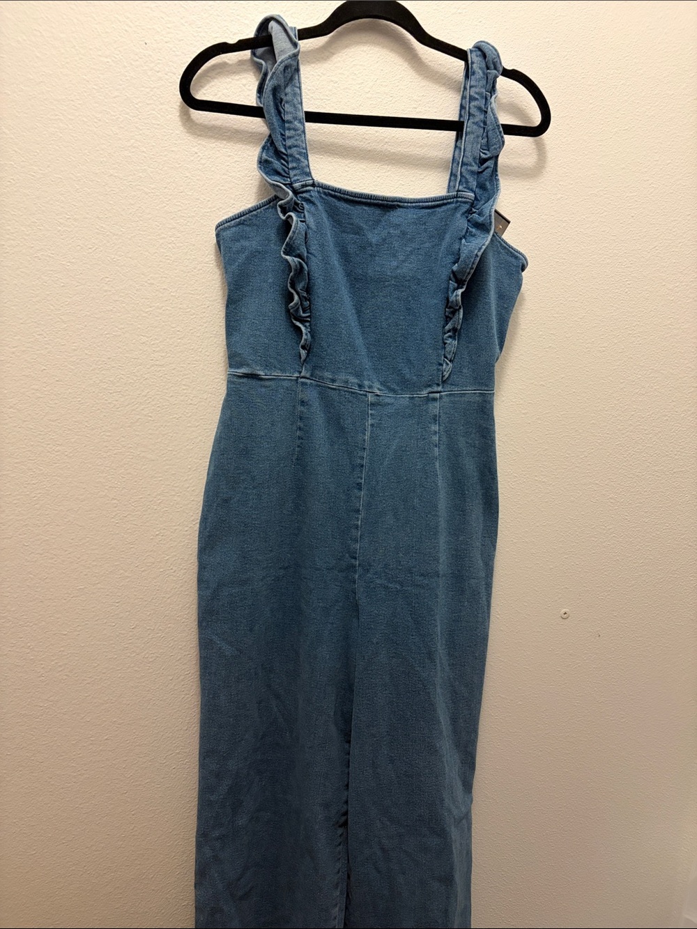 Urban Outfitters Blue Denim Ruffle-Strap Jumpsuit